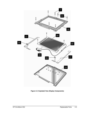 Page 69HP OmniBook XE2 Replaceable Parts 4-3
 
 Figure 4-2. Exploded View (Display Components)
7
19
35
35
18
17
22
2017
16
33 