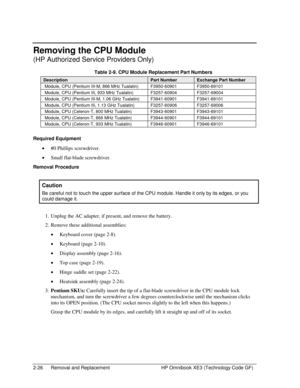 Page 502-26  Removal and Replacement  HP Omnibook XE3 (Technology Code GF) 
Removing the CPU Module 
(HP Authorized Service Providers Only) 
  Table 2-9. CPU Module Replacement Part Numbers 
Description Part Number Exchange Part Number 
Module, CPU (Pentium III-M, 866 MHz Tualatin)  F3950-60901  F3950-69101 
Module, CPU (Pentium III, 933 MHz Tualatin)  F3257-60904  F3257-69004 
Module, CPU (Pentium III-M, 1.06 GHz Tualatin)  F3941-60901  F3941-69101 
Module, CPU (Pentium III, 1.13 GHz Tualatin)  F3257-60906...