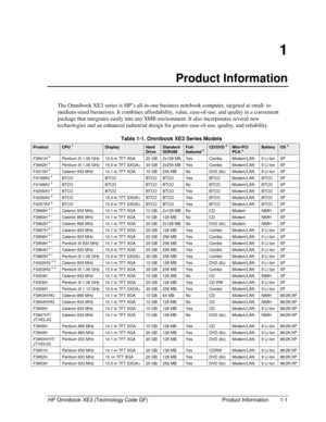 Page 7HP Omnibook XE3 (Technology Code GF)  Product Information  1-1 
1 
Product Information 
The Omnibook XE3 series is HP’s all-in-one business notebook computer, targeted at small- to 
medium-sized businesses. It combines affordability, value, ease-of-use, and quality in a convenient 
package that integrates easily into any SMB environment. It also incorporates several new 
technologies and an enhanced industrial design for greater ease-of-use, quality, and reliability. 
  Table 1-1. Omnibook XE3 Series...
