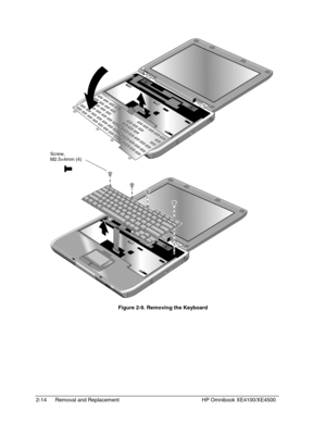 Page 382-14 Removal and Replacement HP Omnibook XE4100/XE4500
  Figure 2-9. Removing the Keyboard
Screw,
M2.5×4mm (4) 