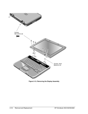 Page 422-18 Removal and Replacement HP Omnibook XE4100/XE4500
 
  Figure 2-12. Removing the Display Assembly
Screws, silver
M2x4mm (2)
Screws,
M2.5×6mm (8) 