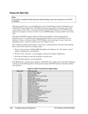 Page 843-20 Troubleshooting and Diagnostics HP Omnibook XE4100/XE4500
Power-On Self-Test
  Note
 
If Quiet Boot is enabled in BIOS Setup (the default setting), press Esc during boot to see POST
messages.
When the notebook boots, its system BIOS runs a series of initialization routines and diagnostic tests
called POST (Power-On Self-Test). The BIOS will not boot the notebook’s operating system if the
system memory, CPU, DMA, or interrupt controller fails the POST diagnostic tests. POST indicates
progress by a...