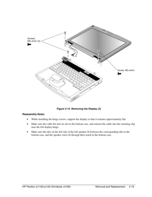 Page 41HP Pavilion zt1100/xz100 Omnibook xt1000  Removal and Replacement  2-19 
  
 
 
Figure 2-15. Removing the Display (2) 
Reassembly Notes 
• While installing the hinge screws, support the display so that it remains approximately flat. 
• Make sure the cable fits into its slot in the bottom case, and reinsert the cable into the retaining clip 
near the left display hinge. 
• Make sure the tabs on the left side of the left speaker fit between the corresponding tabs in the 
bottom case, and the speaker wires...