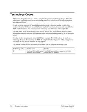 Page 81-2  Product Information  Technology Code ID) 
Technology Codes 
HP does not change the name of a product every time the product’s technology changes. While this 
helps ensure continuing market momentum for HP products, it complicates technology deployment 
and support processes. 
To help solve this problem, HP has added a technology code to the serial number of each of its 
products. Since the BIOS must be matched to the notebook’s hardware, the same code is used for the 
BIOS and the hardware. This...