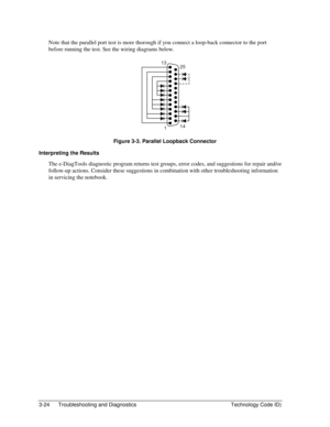 Page 863-24  Troubleshooting and Diagnostics  Technology Code ID) 
Note that the parallel port test is more thorough if you connect a loop-back connector to the port 
before running the test. See the wiring diagrams below. 
141
25 13
 
Figure 3-3. Parallel Loopback Connector 
Interpreting the Results 
The e-DiagTools diagnostic program returns test groups, error codes, and suggestions for repair and/or 
follow-up actions. Consider these suggestions in combination with other troubleshooting information 
in...