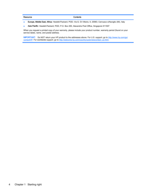 Page 12Resource Contents
●Europe, Middle East, Africa: Hewlett-Packard, POD, Via G. Di Vittorio, 9, 20063, Cernusco s/Naviglio (MI), Italy
●Asia Pacific: Hewlett-Packard, POD, P.O. Box 200, Alexandra Post Office, Singapore 911507
When you request a printed copy of your warranty, please include your product number, warranty period (found on your
service label), name, and postal address.
IMPORTANT:Do NOT return your HP product to the addresses above. For U.S. support, go to 
http://www.hp.com/go/
contactHP. For...