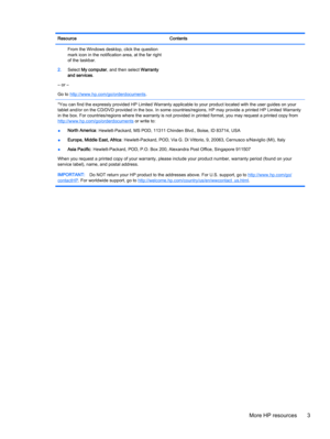 Page 13Resource Contents
From the Windows desktop, click the question
mark icon in the notification area, at the far right
of the taskbar.
2.Select My computer, and then select Warranty
and services.
‒ or –
Go to 
http://www.hp.com/go/orderdocuments.
*You can find the expressly provided HP Limited Warranty applicable to your product located with the user guides on your
tablet and/or on the CD/DVD provided in the box. In some countries/regions, HP may provide a printed HP Limited Warranty
in the box. For...
