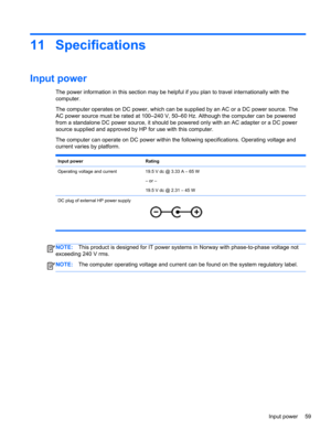 Page 6711 Specifications
Input power 
The power information in this section may be helpful if you plan to travel internationally with the
computer.
The computer operates on DC power, which can be supplied by an AC or a DC power source. The
AC power source must be rated at 100–240 V, 50–60 Hz. Although the computer can be powered
from a standalone DC power source, it should be powered only with an AC adapter or a DC power
source supplied and approved by HP for use with this computer.
The computer can operate on...