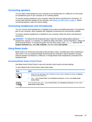 Page 37Connecting speakers
You can attach wired speakers to your computer by connecting them to a USB port or to the audio-
out (headphone) jack on your computer or on a docking station.
To connect wireless speakers to your computer, follow the device manufacturers instructions. To
connect high-definition speakers to the computer, see 
Setting up HDMI audio on page 31. Before
connecting speakers, lower the volume setting.
Connecting headphones and microphones
You can connect wired headphones or headsets to the...