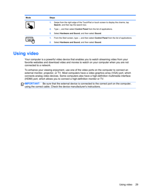 Page 39Mode Steps
1.Swipe from the right edge of the TouchPad or touch screen to display the charms, tap
Search, and then tap the search box.
2.Type c, and then select Control Panel from the list of applications.
3.Select Hardware and Sound, and then select Sound.
1.From the Start screen, type c, and then select Control Panel from the list of applications.
2.Select Hardware and Sound, and then select Sound.
Using video
Your computer is a powerful video device that enables you to watch streaming video from your...