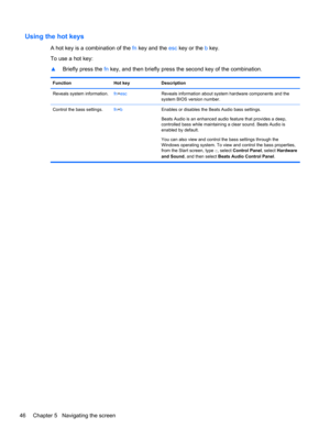 Page 56Using the hot keys
A hot key is a combination of the fn key and the esc key or the b key.
To use a hot key:
▲Briefly press the fn key, and then briefly press the second key of the combination.
Function Hot key Description
Reveals system information.fn+escReveals information about system hardware components and the
system BIOS version number.
Control the bass settings.fn+bEnables or disables the Beats Audio bass settings.
Beats Audio is an enhanced audio feature that provides a deep,
controlled bass while...