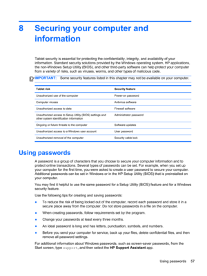 Page 678 Securing your computer and
information
Tablet security is essential for protecting the confidentiality, integrity, and availability of your
information. Standard security solutions provided by the Windows operating system, HP applications,
the non-Windows Setup Utility (BIOS), and other third-party software can help protect your computer
from a variety of risks, such as viruses, worms, and other types of malicious code.
IMPORTANT:Some security features listed in this chapter may not be available on...