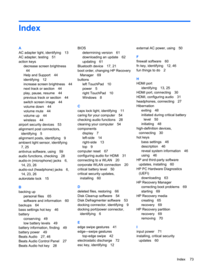 Page 83Index
A
AC adapter light, identifying 13
AC adapter, testing 51
action keys
decrease screen brightness
44
Help and Support 44
identifying 12
increase screen brightness 44
next track or section 44
play, pause, resume 44
previous track or section 44
switch screen image 44
volume down 44
volume mute 44
volume up 44
wireless 44
airport security devices 53
alignment post connectors,
identifying 5
alignment posts, identifying 9
ambient light sensor, identifying
7, 25
antivirus software, using 59
audio...
