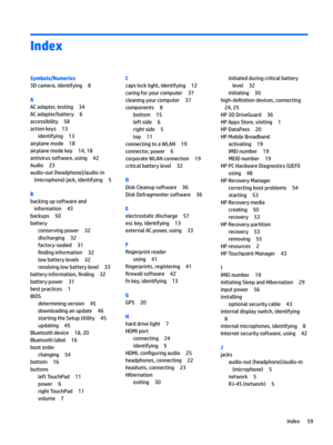 Page 69Index
Symbols/Numerics
3Dcamera,identifying8
A
ACadapter,testing34
ACadapter/battery6
accessibility58
actionkeys13
identifying13
airplanemode18
airplanemodekey14,18
antivirussoftware,using42
Audio23
audio-out(headphone)/audio-in(microphone)jack,identifying
5
B
backingupsoftwareandinformation
43
backups50
battery
conservingpower32
discharging32
factory-sealed31
