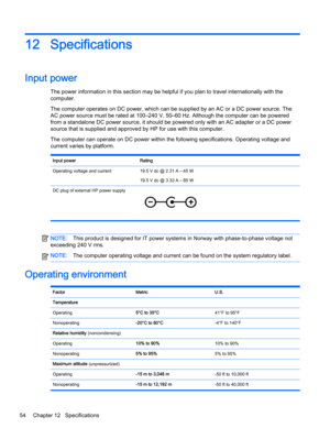 Page 6412 Specifications
Input power 
The power information in this section may be helpful if you plan to travel internationally with the
computer.
The computer operates on DC power, which can be supplied by an AC or a DC power source. The
AC power source must be rated at 100–240 V, 50–60 Hz. Although the computer can be powered
from a standalone DC power source, it should be powered only with an AC adapter or a DC power
source that is supplied and approved by HP for use with this computer.
The computer can...