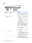 Page 16Left sideComponentDescription(1)SecuritycableslotAttachesanoptionalsecuritycabletothecomputer.NOTE:Thesecuritycableisdesignedtoactasadeterrent,but
itmaynotpreventthecomputerfrombeingmishandledor stolen.(2)Powerbutton