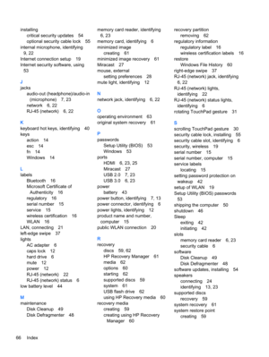 Page 74installing
critical security updates 54
optional security cable lock 55
internal microphone, identifying
9, 22
Internet connection setup 19
Internet security software, using
53
J
jacks
audio-out (headphone)/audio-in
(microphone) 7, 23
network 6, 22
RJ-45 (network) 6, 22
K
keyboard hot keys, identifying 40
keys
action 14
esc 14
fn 14
Windows 14
L
labels
Bluetooth 16
Microsoft Certificate of
Authenticity 16
regulatory 16
serial number 15
service 15
wireless certification 16
WLAN 16
LAN, connecting 21...