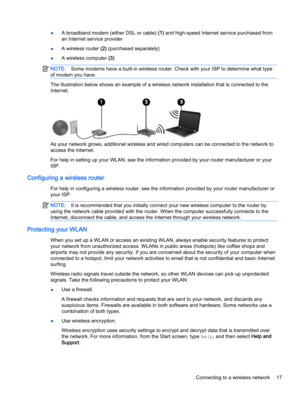 Page 25●A broadband modem (either DSL or cable) (1) and high-speed Internet service purchased from
an Internet service provider
●A wireless router (2) (purchased separately)
●A wireless computer (3)
NOTE:Some modems have a built-in wireless router. Check with your ISP to determine what type
of modem you have.
The illustration below shows an example of a wireless network installation that is connected to the
Internet.
As your network grows, additional wireless and wired computers can be connected to the network...