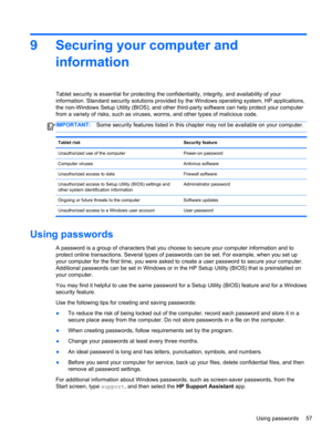Page 679 Securing your computer and
information
Tablet security is essential for protecting the confidentiality, integrity, and availability of your
information. Standard security solutions provided by the Windows operating system, HP applications,
the non-Windows Setup Utility (BIOS), and other third-party software can help protect your computer
from a variety of risks, such as viruses, worms, and other types of malicious code.
IMPORTANT:Some security features listed in this chapter may not be available on...