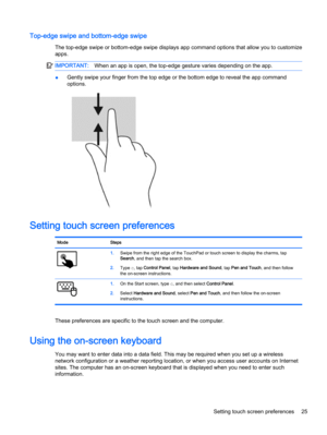 Page 35Top-edge swipe and bottom-edge swipe
The top-edge swipe or bottom-edge swipe displays app command options that allow you to customize
apps.
IMPORTANT:When an app is open, the top-edge gesture varies depending on the app.
●Gently swipe your finger from the top edge or the bottom edge to reveal the app command
options.
Setting touch screen preferences
Mode Steps
1.Swipe from the right edge of the TouchPad or touch screen to display the charms, tap
Search, and then tap the search box.
2.Type c, tap Control...