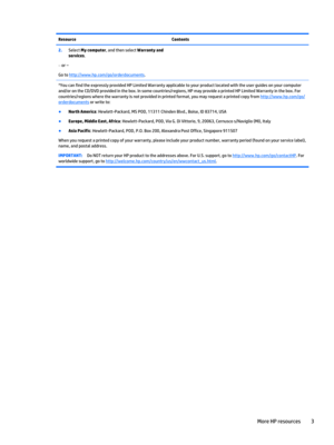 Page 13ResourceContents2.Select My computer, and then select Warranty and 
services
.
‒  or –
Go to http://www.hp.com/go/orderdocuments.
*You can find the expressly provided HP Limited Warranty applicable to your product located with the user guides on your computer 
and/or on the CD/DVD provided in the box. In some countries/regions, HP may provide a printed HP Limited Warranty in the box. For 
countries/regions where the warranty is not provided in printed format, you may request a printed copy from...