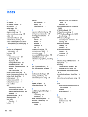 Page 66Index
A
AC adapter7
AC adapter, testing35
accessibility55
action keys14
identifying14
airplane mode key15
antivirus software, using42
audio22
Audio Control Panel23
audio features, testing23
audio-out (headphone)/audio-in (microphone) jack, identifying
5
B
backing up software and information
43
backups48
battery
conserving power33
discharging33
disposing34
finding information33
low battery levels33
resolving low battery level34
storing34
user-replaceable32
battery cover, identifying16
battery information,...