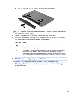 Page 17d.Slide the battery (3) from the middle to remove it from the computer.
NOTE:The battery release latch automatically returns to its original position. The battery lock
will remain in the unlocked position.
3.Connect the AC adapter to the computer, and then plug it into an AC outlet.
4.Turn on the computer, and verify that the AC adapter is working by checking the power light.
This light is located at the front of the right side of the computer:
Power lightStatus
On The AC adapter is working properly.
Off...