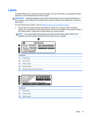 Page 23Labels
The labels affixed to the computer provide information you may need when you troubleshoot system
problems or travel internationally with the computer.
IMPORTANT:All labels described in this section will be located in one of 3 places depending on
your computer model: Affixed to the bottom of the computer, located in the battery bay, or under the
service door.
For help finding these locations, refer to Getting to know your computer on page 3.
●Service label—Provides important information to identify...