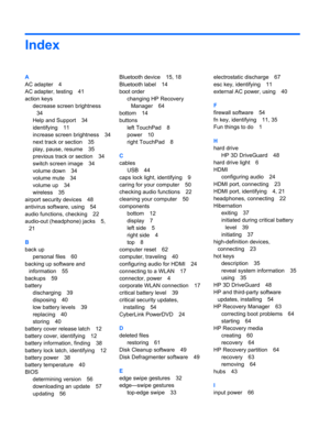 Page 78Index
A
AC adapter 4
AC adapter, testing 41
action keys
decrease screen brightness
34
Help and Support 34
identifying 11
increase screen brightness 34
next track or section 35
play, pause, resume 35
previous track or section 34
switch screen image 34
volume down 34
volume mute 34
volume up 34
wireless 35
airport security devices 48
antivirus software, using 54
audio functions, checking 22
audio-out (headphone) jacks 5,
21
B
back up
personal files 60
backing up software and
information 55
backups 59...