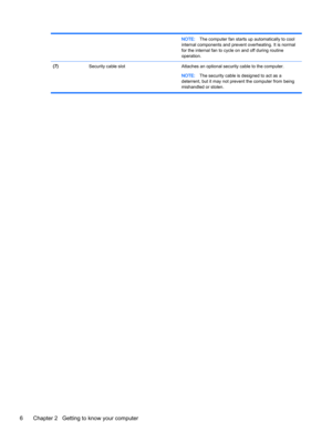 Page 16NOTE:The computer fan starts up automatically to cool
internal components and prevent overheating. It is normal
for the internal fan to cycle on and off during routine
operation.
(7)
 Security cable slot Attaches an optional security cable to the computer.
NOTE:The security cable is designed to act as a
deterrent, but it may not prevent the computer from being
mishandled or stolen.
6 Chapter 2   Getting to know your computer 