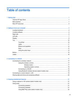 Page 7Table of contents
1  Starting right ...................................................................................................................................................... 1
Visit the HP Apps Store ........................................................................................................................ 1
Best practices ....................................................................................................................................... 1
More HP resources...