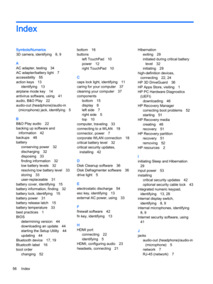 Page 66Index
Symbols/Numerics
3D camera, identifying 8, 9
A
AC adapter, testing 34
AC adapter/battery light 7
accessibility 55
action keys 13
identifying 13
airplane mode key 14
antivirus software, using 41
audio, B&O Play 22
audio-out (headphone)/audio-in
(microphone) jack, identifying 5
B
B&O Play audio 22
backing up software and
information 42
backups 48
battery
conserving power 32
discharging 32
disposing 33
finding information 32
low battery levels 32
resolving low battery level 33
storing 33...