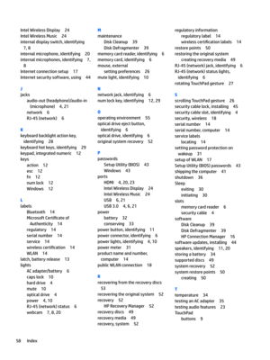 Page 68Intel Wireless Display24
Intel Wireless Music24
internal display switch, identifying
7, 8
internal microphone, identifying20
internal microphones, identifying7, 
8
Internet connection setup17
Internet security software, using44
J
jacks
audio-out (headphone)/audio-in (microphone)
4, 21
network6
RJ-45 (network)6
K
keyboard backlight action key, identifying
28
keyboard hot keys, identifying29
keypad, integrated numeric12
keys
action12
esc12
fn12
num lock12
Windows12
L
labels
Bluetooth14
Microsoft Certi