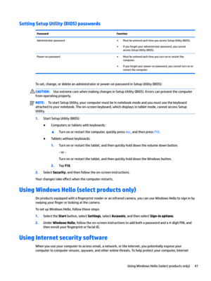 Page 51Setting Setup Utility (BIOS) passwordsPasswordFunctionAdministratorpassword