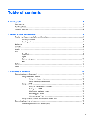 Page 5Table of contents
1  Starting right .................................................................................................................... 1
Best practices .......................................................................................................................... 1
Fun things to do ....................................................................................................................... 1
More HP resources...