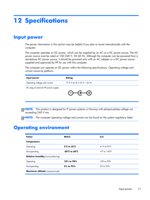 Page 8112 Specifications
Input power
The power information in this section may be helpful if you plan to travel internationally with the
computer.
The computer operates on DC power, which can be supplied by an AC or a DC power source. The AC
power source must be rated at 100–240 V, 50–60 Hz. Although the computer can be powered from a
standalone DC power source, it should be powered only with an AC adapter or a DC power source
supplied and approved by HP for use with this computer.
The computer can operate on...