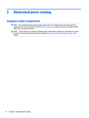 Page 243Illustrated parts catalog
Computer major components
NOTE:HP continually improves and changes product parts. For complete and current information on 
supported parts for your computer, go to 
http://partsurfer.hp.com, select your country or region, and then 
follow the on-screen instructions.
NOTE:Details about your computer, including model, serial number, product key, and length of warranty, 
are on the service tag at the bottom of your computer. See 
Locating system information on page 14 for...