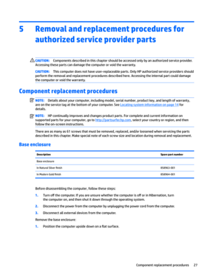 Page 355Removal and replacement procedures for authorized service provider parts
CAUTION:Components described in this chapter should be accessed only by an authorized service provider. 
Accessing these parts can damage the computer or void the warranty.CAUTION:This computer does not have user-replaceable parts. Only HP authorized service providers should 
perform the removal and replacement procedures described here. Accessing the internal part could damage  the computer or void the warranty.
Component...