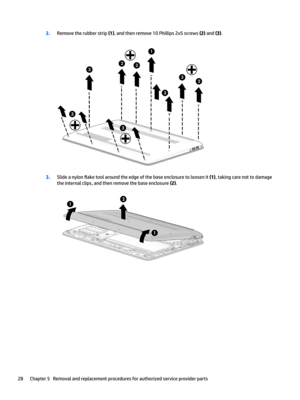 Page 362.Remove the rubber strip (1), and then remove 10 Phillips 2x5 screws (2) and (3).
3.Slide a nylon 