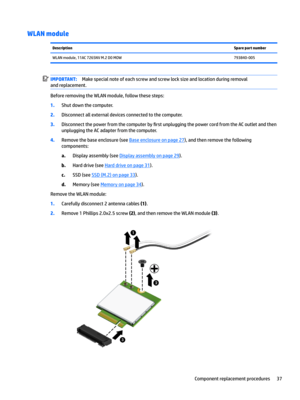 Page 45WLAN moduleDescriptionSpare part numberWLAN module, 11AC 7265NV M.2 D0 MOW        793840-005IMPORTANT:Make special note of each screw and screw lock size and location during removal 
and replacement.
Before removing the WLAN module, follow these steps:
1.Shut down the computer.
2.Disconnect all external devices connected to the computer.
3.Disconnect the power from the computer by 