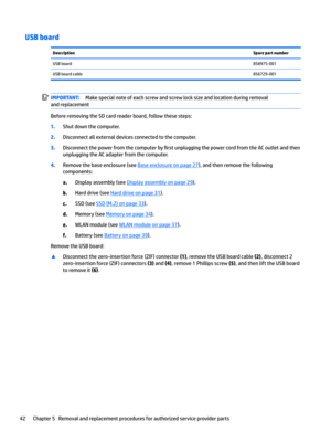 Page 50USB boardDescriptionSpare part numberUSB board858975-001USB board cable856729-001IMPORTANT:Make special note of each screw and screw lock size and location during removal 
and replacement
Before removing the SD card reader board, follow these steps:
1.Shut down the computer.
2.Disconnect all external devices connected to the computer.
3.Disconnect the power from the computer by 