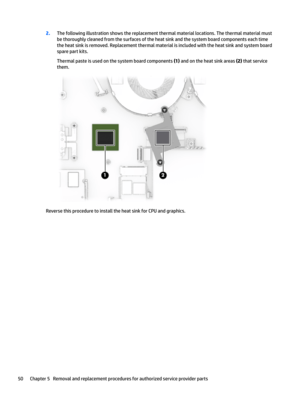 Page 582.The following illustration shows the replacement thermal material locations. The thermal material must 
be thoroughly cleaned from the surfaces of the heat sink and the system board components each time  the heat sink is removed. Replacement thermal material is included with the heat sink and system board 
spare part kits.
Thermal paste is used on the system board components (1) and on the heat sink areas (2) that service 
them.
Reverse this procedure to install the heat sink for CPU and graphics....