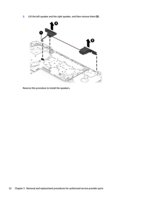 Page 602.Lift the left speaker and the right speaker, and then remove them (2) .
Reverse this procedure to install the speakers.
52Chapter 5   Removal and replacement procedures for authorized service provider parts 