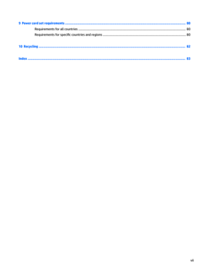 Page 79  Power cord set requirements ........................................................................................................................ 80
Requirements for all countries ............................................................................................................................ 80
Requirements for speci