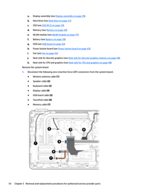 Page 62a.Display assembly (see Display assembly on page 29).
b.Hard drive (see Hard drive on page 31).
c.SSD (see SSD (M.2) on page 33).
d.Memory (see Memory on page 34).
e.WLAN module (see WLAN module on page 37).
f.Battery (see Battery on page 39).
g.USB (see USB board on page 42).
h.Power button board (see Power button board on page 43).
i.Fan (see Fan on page 45).
j.Heat sink for discrete graphics (see Heat sink for discrete graphics memory on page 46).
k.Heat sink for CPU and graphics (see Heat sink for...