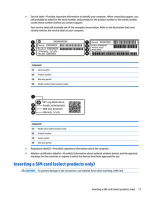 Page 27BServicelabel—Providesimportantinformationtoidentifyyourcomputer.Whencontactingsupport,youwillprobablybeaskedfortheserialnumber,andpossiblyfortheproductnumberorthemodelnumber.
Locatethesenumbersbeforeyoucontactsupport.
Yourservicelabelwillresembleoneoftheexamplesshownbelow.Refertotheillustrationthatmost closelymatchestheservicelabelonyourcomputer.
Component...