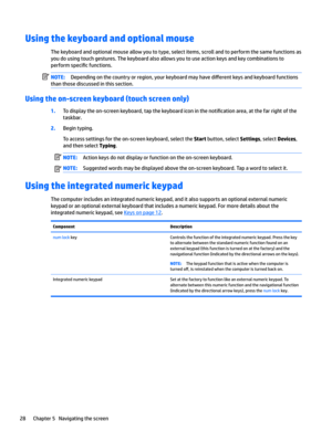 Page 36Using the keyboard and optional mouse
Thekeyboardandoptionalmouseallowyoutotype,selectitems,scrollandtoperformthesamefunctionsas
youdousingtouchgestures.Thekeyboardalsoallowsyoutouseactionkeysandkeycombinationsto
perform
speci