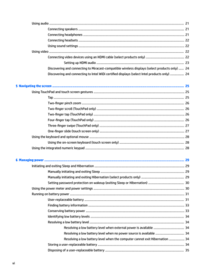 Page 6Usingaudio..........................................................................................................................................................21
Connectingspeakers.........................................................................................................................21
Connectingheadphones....................................................................................................................21...
