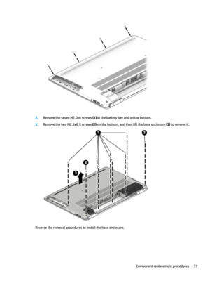 Page 472.RemovethesevenM2.0x6screws(1)inthebatterybayandonthebottom.
3.RemovethetwoM2.5x6.5screws(2)onthebottom,andthenliftthebaseenclosure(3)toremoveit.
Reversetheremovalprocedurestoinstallthebaseenclosure.
Componentreplacementprocedures37 