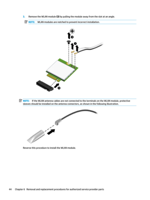 Page 543.RemovetheWLANmodule(3)bypullingthemoduleawayfromtheslotatanangle.NOTE:WLANmodulesarenotchedtopreventincorrectinstallation.NOTE:IftheWLANantennacablesarenotconnectedtotheterminalsontheWLANmodule,protective
sleevesshouldbeinstalledontheantennaconnectors,asshowninthefollowingillustration.
ReversethisproceduretoinstalltheWLANmodule.
44Chapter6Removalandreplacementproceduresforauthorizedserviceproviderparts   